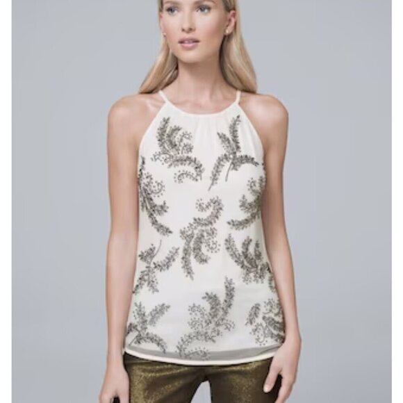 White House Black Market Tops - WHBM Women's White & Silver Beaded Embellished Leaf Halter style Tank Medium